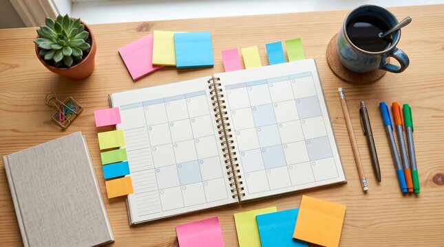 Planning the Day: An open planner with a calendar layout sits on a wooden desk, surrounded by sticky notes, pens, a coffee mug, and a small potted succulent.