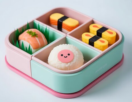 Toy sushi bento box sits on a light blue background.