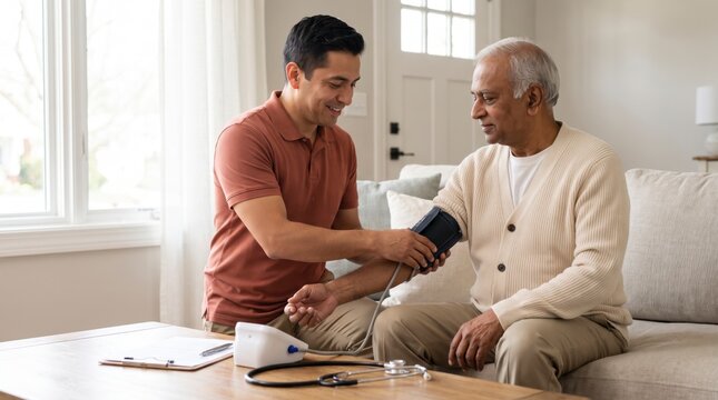 Caregiver measuring blood pressure for senior man at home in living room