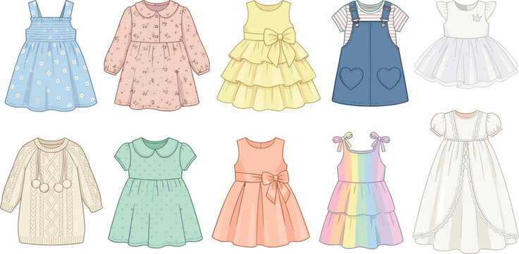Cute baby girls casual day dresses vector illustration set featuring rainbow denim and floral pinafore outfits