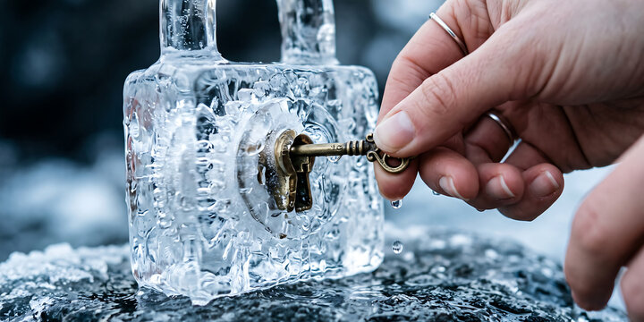 A hand holding an antique key inserting it into a frozen padlock, symbolizing unlocking challenges or difficult situations.