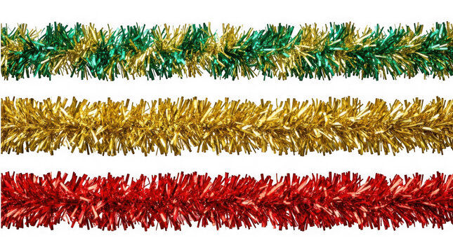 Set of three colorful christmas tinsel garlands isolated on transparent background