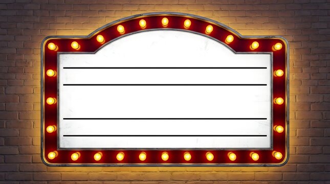 Vintage marquee sign with glowing light bulbs on a brick wall background