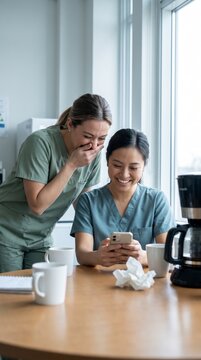 Two nurses laughing together at phone during a break in hospital staff room