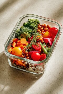 Healthy vegetable salad contains colorful carrots, cherry tomatoes, broccoli, and beans in glass container. Natural light enhances fresh colors and textures