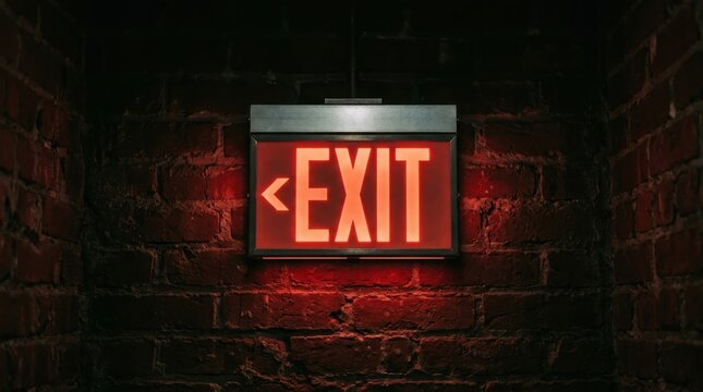 Illuminated red exit sign mounted on a dark brick wall