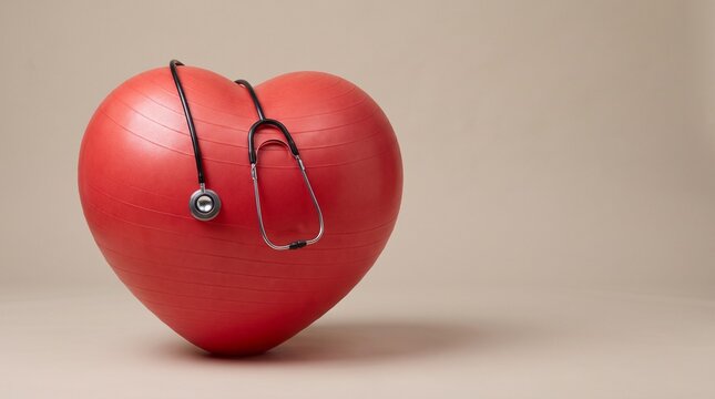 A red heart-shaped exercise ball standing upright with a black physician's stethoscope hanging naturally over one side, isolated on a plain neutral beige background, simple healthcare composition