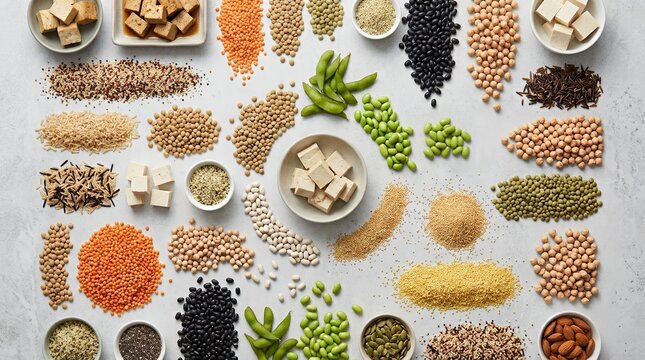 Flat Lay Of Various Legumes Grains And Tofu On A Gray Surface With Natural Lighting