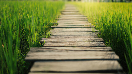 Obraz premium Wooden path leads through green rice field on a sunny day in rural area