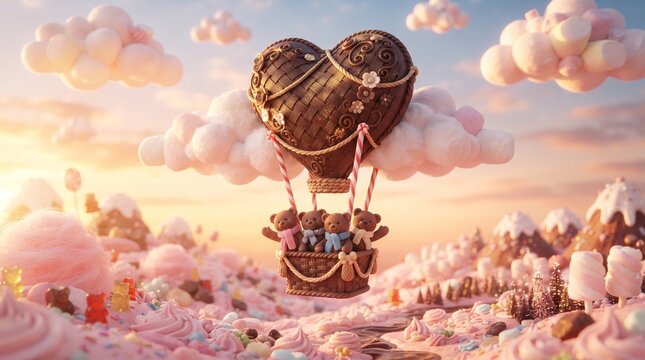 Four small teddy bears ride in a chocolate heart hot air balloon over candy land with sweets marshmallows sunset chocolate basket floating