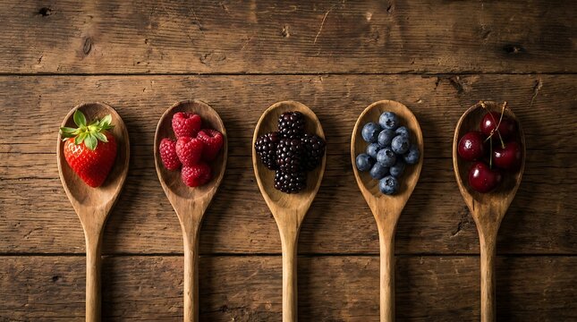 Fresh assorted berries and cherries on wooden spoons arranged on a rustic timber background