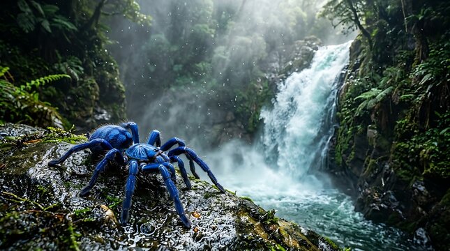 Group of explorers standing near a large misty waterfall