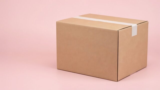 Blank Brown Cardboard Shipping Box with White Tape on Pink Background, Packaging and Delivery Concept