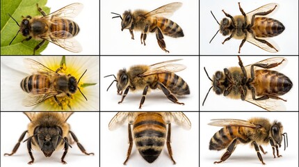 Fototapeta premium Honey bee macro photography collection, set of nine honeybee insect views, scientific bee anatomy study on white background