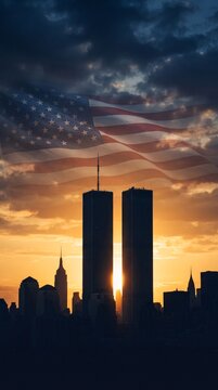 9/11 Patriot Day 20th Anniversary Remembrance with American Flag and New York Skyline