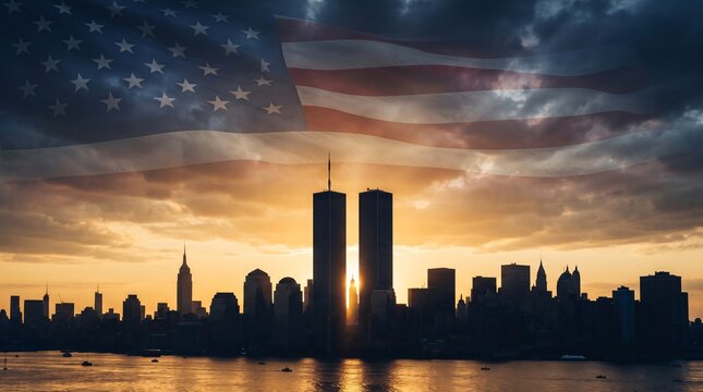 9/11 Patriot Day 20th Anniversary Remembrance with American Flag and New York Skyline