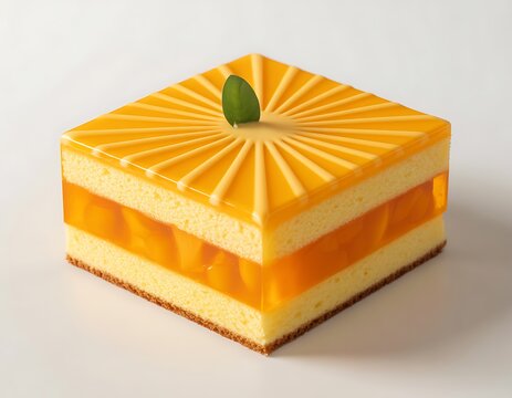Mango cake sits isolated on a white surface with mint leaf.