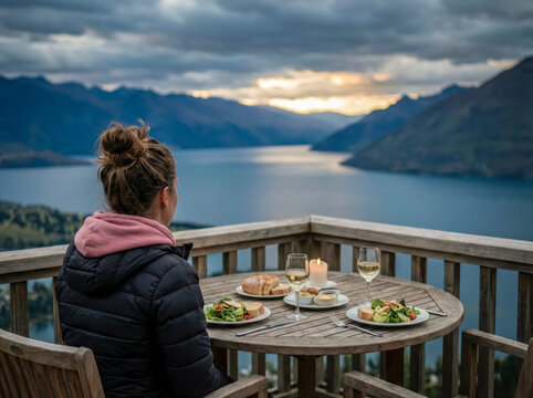 Woman enjoying scenic outdoor dinner overlooking lake mountains