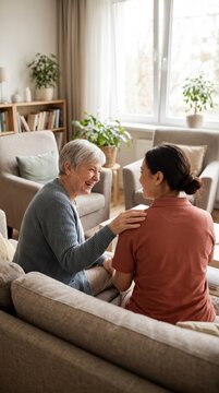 Caregiver comforting elderly woman with hand on shoulder in living room