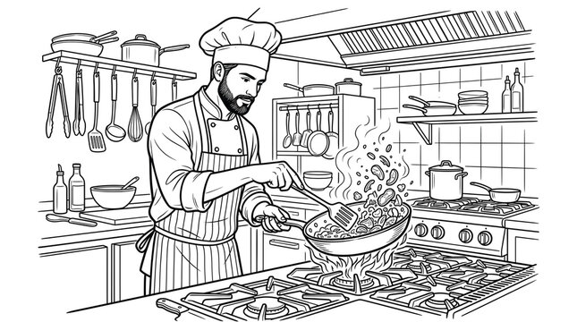Professional chef coloring page, male cook in commercial kitchen line art, restaurant culinary scene for children and adults