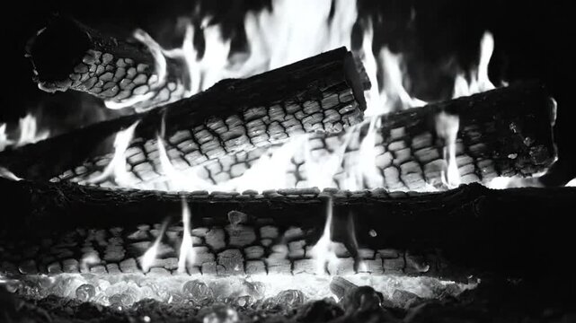 Black and white close up of burning logs and flames in a fireplace, creating a warm, cozy atmosphere