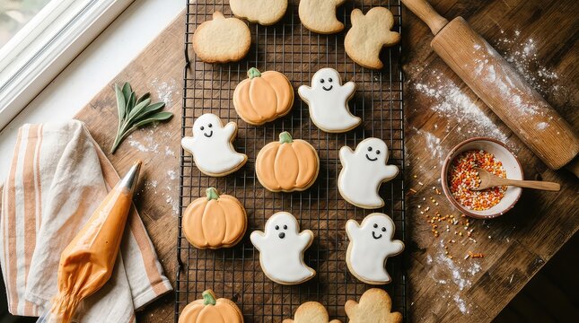 Freshly baked halloween cookies cooling on a wire rack