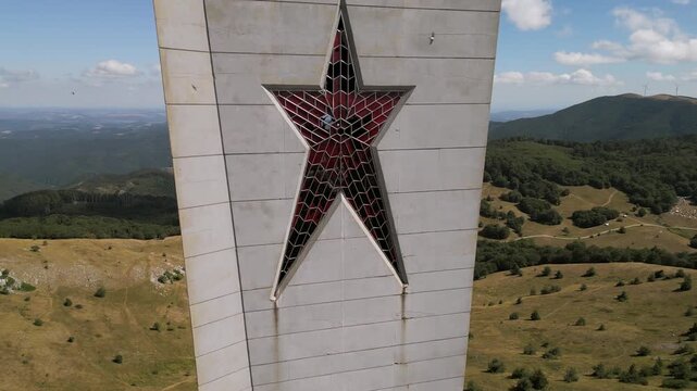 Aerial View of Buzludzha Star Tower, UFO Roof, and Balkan Mountains