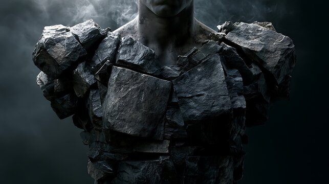 384. A psychological metaphor for defensive muscle armoring. A person's shoulders and chest turning into a solid, unyielding fortress wall made of heavy grey basalt rock, protecting the heart 