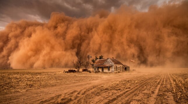 Massive dust storm approaching a rural farmhouse and agricultural field in the countryside