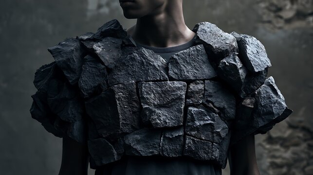 384. A psychological metaphor for defensive muscle armoring. A person's shoulders and chest turning into a solid, unyielding fortress wall made of heavy grey basalt rock, protecting the heart 
