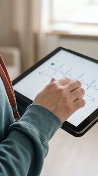 Hand holding tablet displaying heart rate monitor graph on digital screen