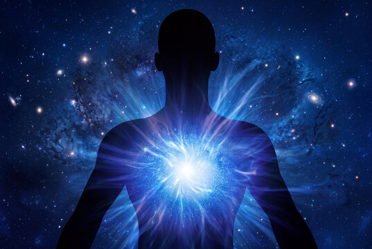 Human Silhouette with Glowing Heart Cosmic Illustration