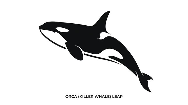 Orca killer whale leap silhouette, black and white marine animal icon, minimalist aquatic mammal graphic on white background