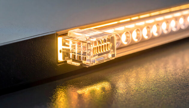 Close up of an illuminated network router ethernet port with LED lights glowing.
