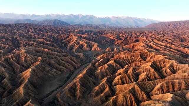 Aerial view of the rugged, arid Ak Say canyon landscape with deep shadows and snow-capped mountains in the distance, Ak Say, Issyk-Kul Region, Kyrgyzstan.