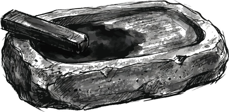 Traditional Chinese ink stone with ink stick for calligraphy and sumi-e art illustration