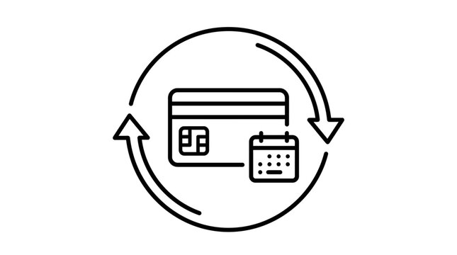 Recurring payment credit card icon with calendar and cycle arrows.