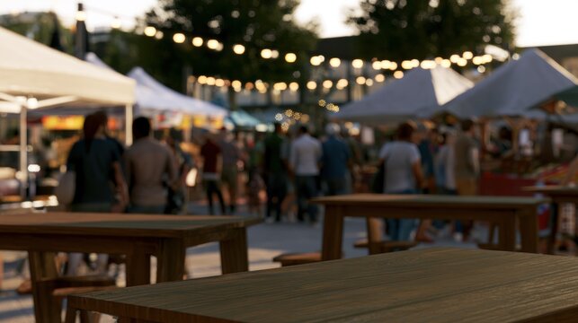 Busy market scene during evening with people walking around and stalls set up