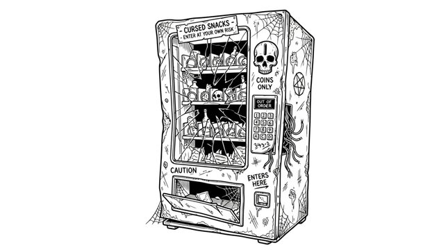 A detailed hand drawn illustration of a spooky supernatural vending machine.