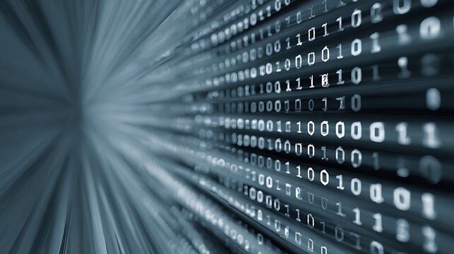 Digital binary code flowing into a tunnel of light on dark background