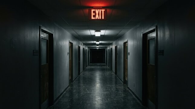Dimly lit long corridor with red exit sign