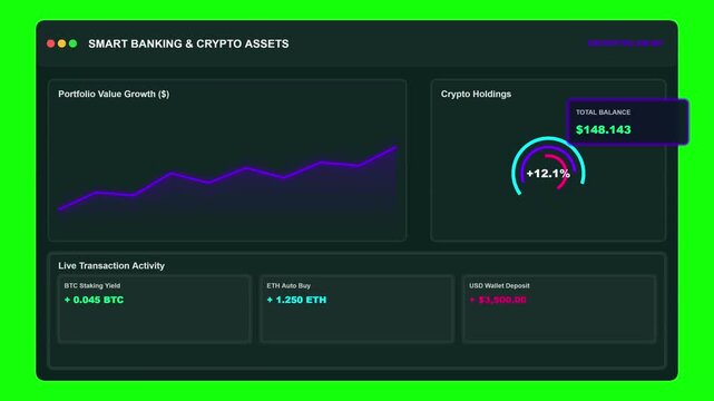 Futuristic smart banking dashboard displaying portfolio value growth curve, crypto holding rings, real time transaction activity, and encrypted digital balance interface for financial technology.
