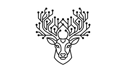 Fototapeta premium Minimalist digital deer head with circuit board antlers line art illustration.
