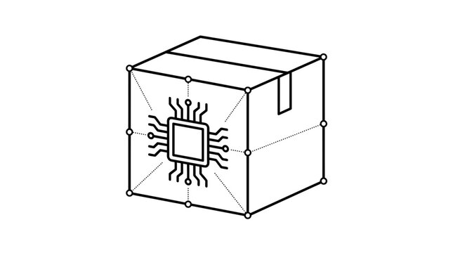 Minimalist outline icon of a cardboard box with an integrated circuit chip symbol.