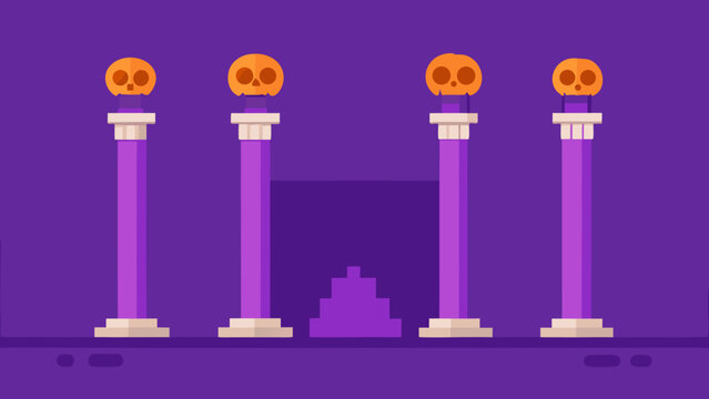Halloween temple entrance with four purple columns holding glowing orange pumpkin skulls creating scary ancient ritual background.