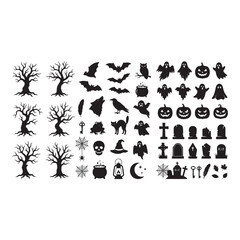 Fototapeta premium Halloween silhouette set with haunted trees, bats, ghosts, pumpkins, tombstones, skulls, and witch hats isolated on a white background