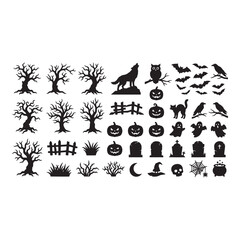 Obraz premium Halloween silhouette collection featuring spooky trees, pumpkins, ghosts, bats, tombstones, fences, and a wolf isolated on a white background
