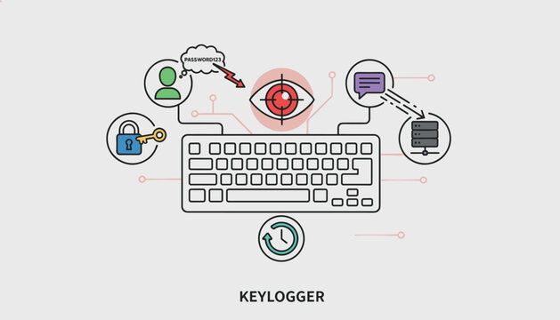 Keylogger cyber threat diagram with a central eye spying on keyboard keystrokes and stealing passwords to a remote server.