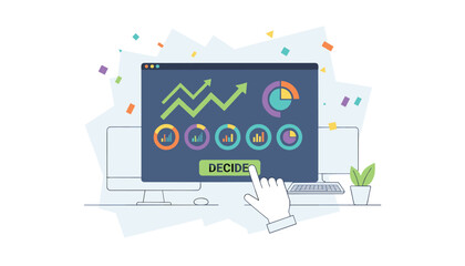 Fototapeta premium Interactive financial business analytics dashboard on a computer screen showing charts with hand cursor clicking decide button.