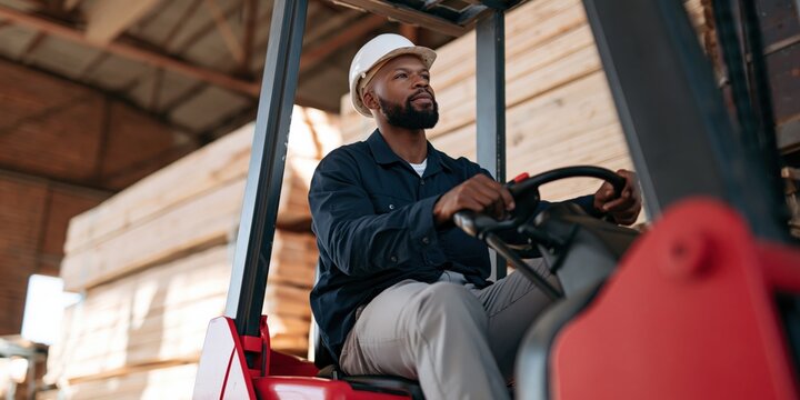 Warehouse worker operating forklift in timber yard for logistics and industrial safety training background and cargo handling banner